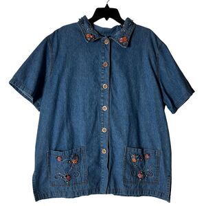 Monique Fashions‎ Vintage Denim Shirt Flowers Pearls Granny Chic Cottage Core